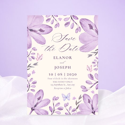 Purple floral wedding save the date
