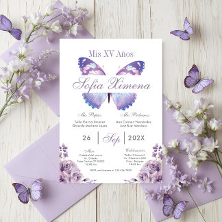 Purple Floral with Butterflies Quinceañera Einladung