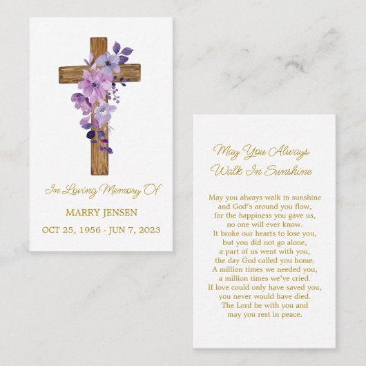 Purple flower Cross Memorial Funeral Prayer Card Visitenkarte (Vorne/Hinten)