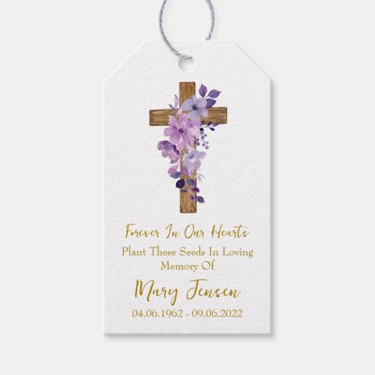Purple flower Cross Memorial Funeral Seed Packet Geschenkanhänger (Vorderseite)
