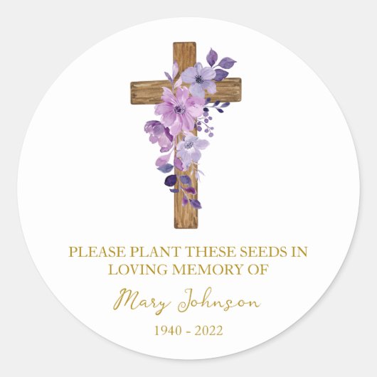 Purple Flower Cross Memorial Funeral Seed Packet Runder Aufkleber (Vorderseite)