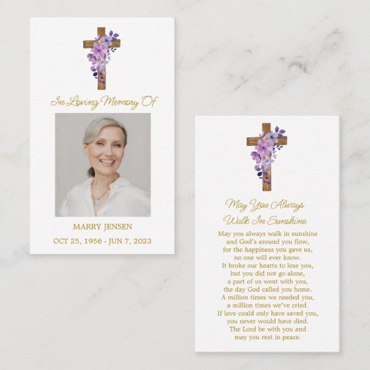 Purple Flower Cross Photo Funeral Prayer Card Visitenkarte (Vorne/Hinten)