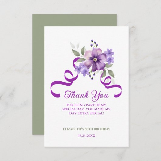 Purple Flower Greenery Ribbon Birthday Dankeskarte (Vorne/Hinten)