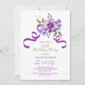 Purple Flower Greenery Ribbon Birthday Einladung (Vorderseite)