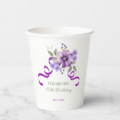 Purple Flower Greenery Ribbon Birthday Pappbecher (Vorderseite)