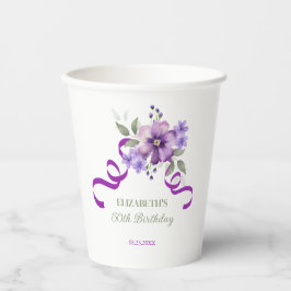 Purple Flower Greenery Ribbon Birthday Pappbecher