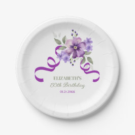 Purple Flower Greenery Ribbon Birthday Pappteller