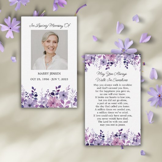 Purple Flower Memorial Photo Funeral Prayer Card Visitenkarte