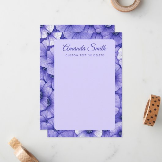 Purple flower pattern border elegant script name mitteilungskarte (Vorderseite/Rückseite Beispiel)