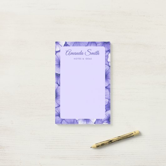 Purple flower pattern border elegant script name post-it klebezettel (Auf Schreibtisch)