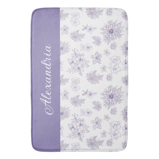 Purple Flower Pattern Custom Name  Badematte (Vorderseite Vertikal)