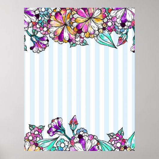 Purple flowers and light blue stripes poster (Vorne)