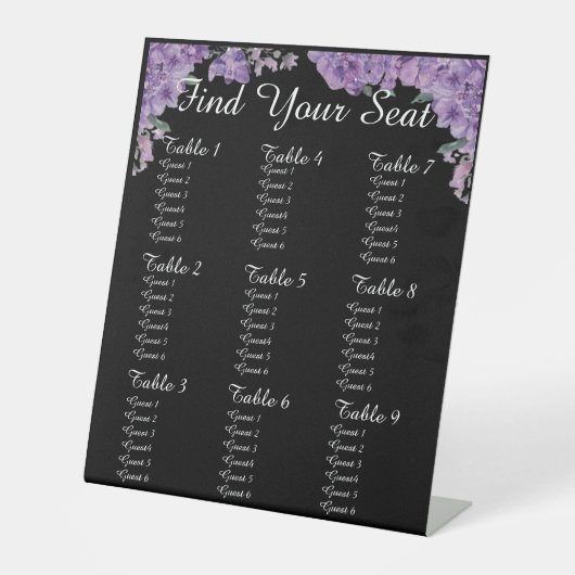 Purple Flowers Black Find Your Seat Wedding  Sockelschild (Vorderseite)