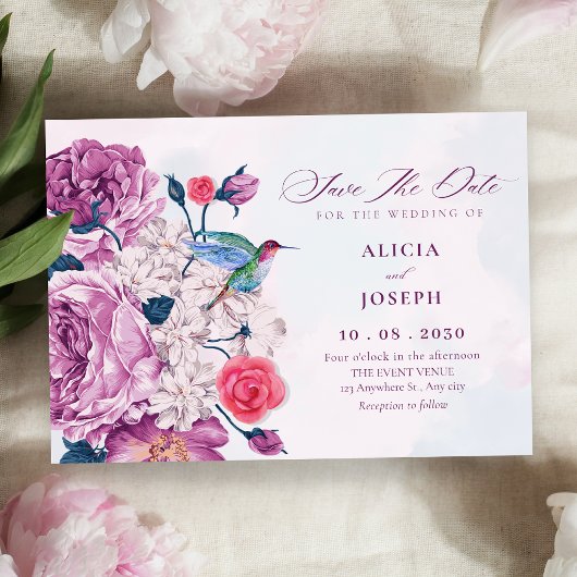 Purple flowers bloom wedding save the date