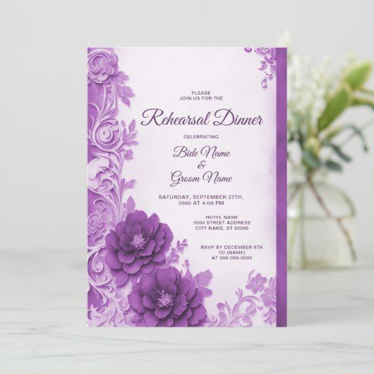 Purple Flowers Blüh Probe Dinner Einladung (Stehend Vorderseite)