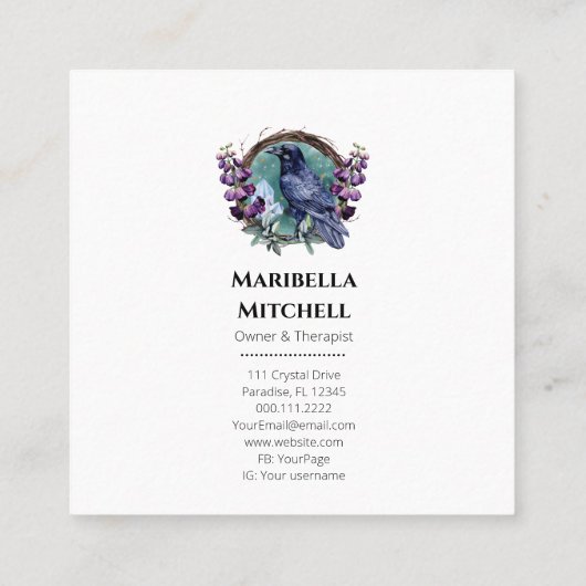 Purple Flowers Celestial Raven Crystals Wreath Quadratische Visitenkarte (Rückseite)