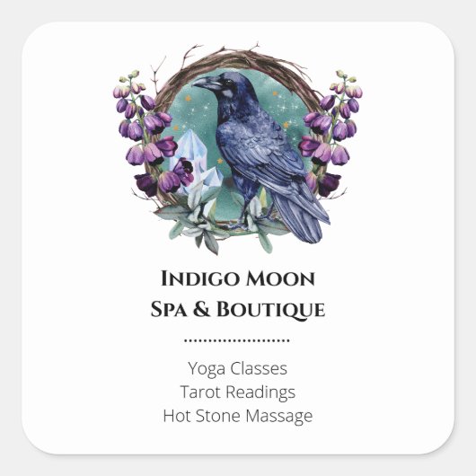 Purple Flowers Celestial Raven Crystals Wreath Quadratischer Aufkleber (Vorderseite)