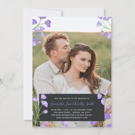 Purple Flowers Custom Foto Wedding Einladung (Vorderseite)