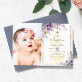 Purple Flowers & Gold Frame Foto Girl Taufe Einladung