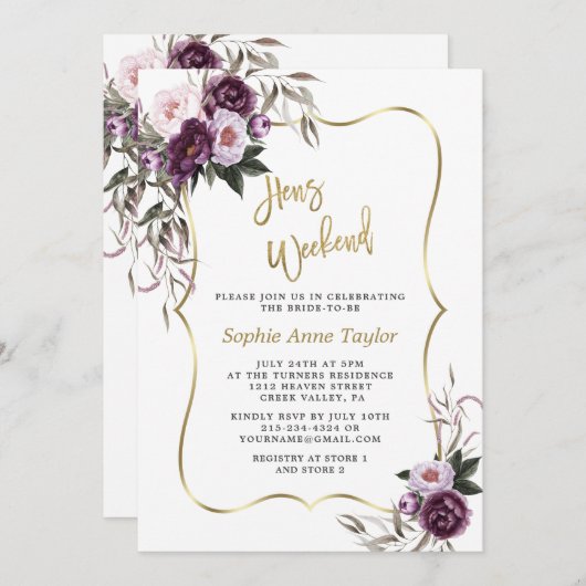 Purple Flowers Gold Hens Bachelorette Wochenende Einladung (Vorne/Hinten)