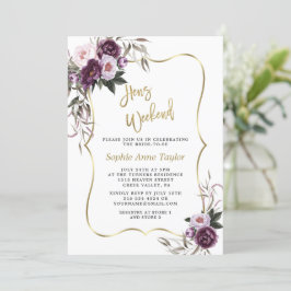 Purple Flowers Gold Hens Bachelorette Wochenende Einladung