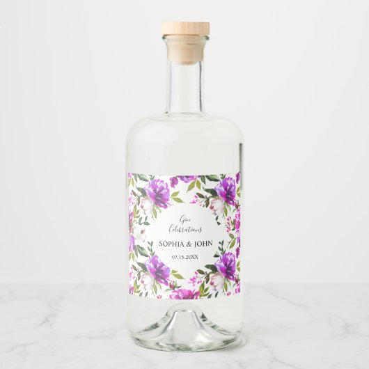 Purple Flowers Hochzeitklassetikett Alkoholflaschenetikett (Vorderseite)
