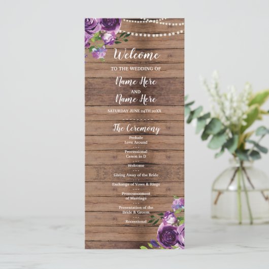 Purple Flowers Hochzeitsprogramm Holz Rustikale Bl Programm (Stehend Vorderseite)