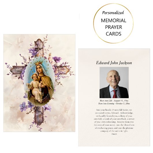 Purple Flowers Jungfrau Mary Funerary Prayer Card Platzkarte
