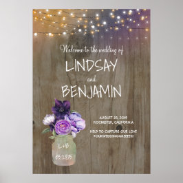 Purple Flowers Mason Jar Rustic Wedding Willkommen Poster