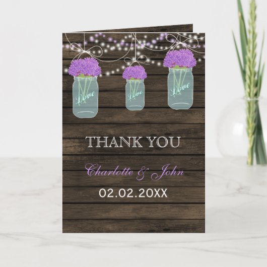 Purple Flowers Mason Jars Barn Wood Wedding Dankeskarte (Vorderseite)