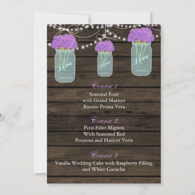 Purple Flowers Mason Jars Barn Wood Wedding Einladung (Vorderseite)