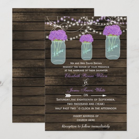 Purple Flowers Mason Jars Barn Wood Wedding Einladung (Vorne/Hinten)