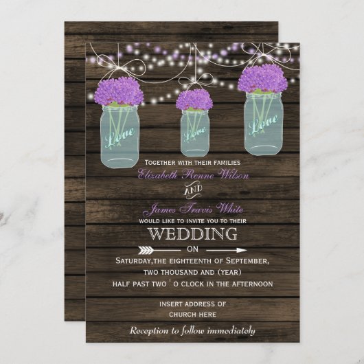 Purple Flowers Mason Jars Barn Wood Wedding Einladung (Vorne/Hinten)
