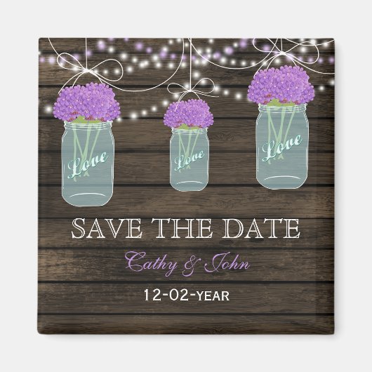 Purple Flowers Mason Jars Barn Wood Wedding Magnet (Vorne)