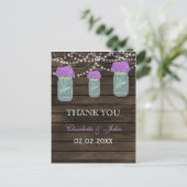 Purple Flowers Mason Jars Barn Wood Wedding Postkarte (Stehend Vorderseite)