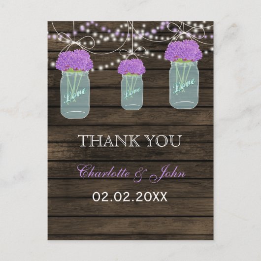 Purple Flowers Mason Jars Barn Wood Wedding Postkarte (Vorderseite)