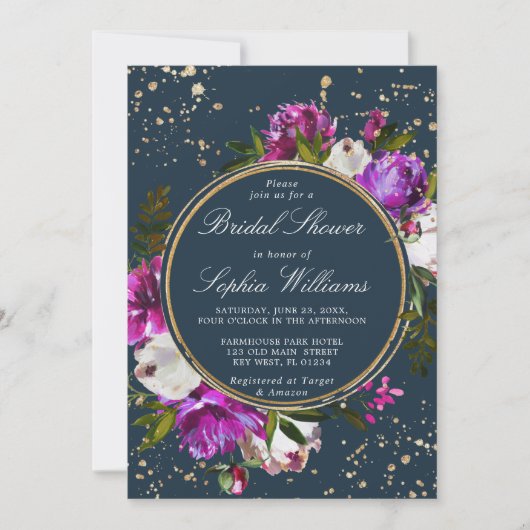 Purple Flowers & Navy Blue Brautparty Einladung (Vorderseite)