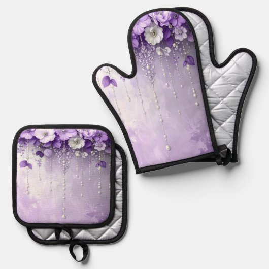 Purple Flowers Oven Mitt & Pot Holder Set (Vorderseite/Rückseite)