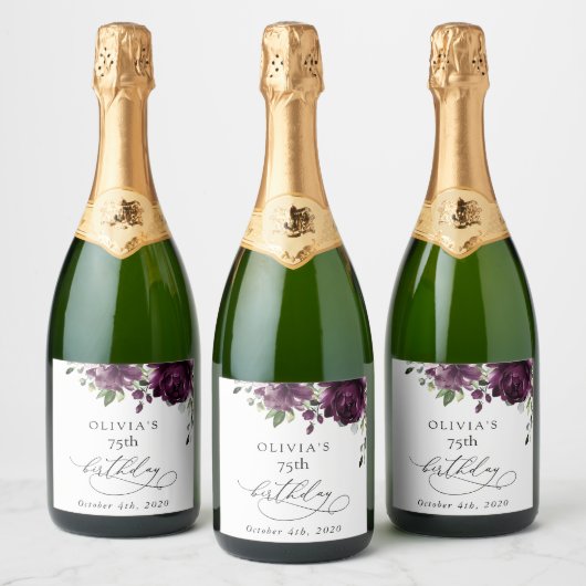 Purple Flowers, Plum Flowers, Boho, Birthday Schaumweinetikett (Flaschen)