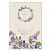Purple Flowers Romantic Script Foldable Name Card Tischnummer (Vorderseite)