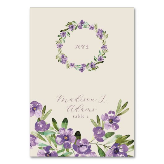 Purple Flowers Romantic Script Foldable Name Card Tischnummer (Vorderseite)