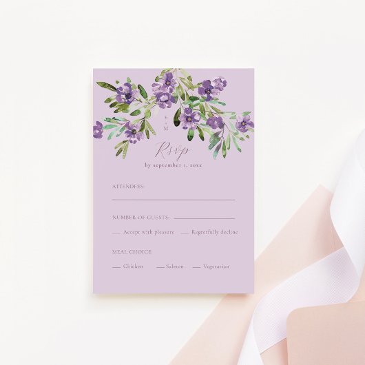 Purple Flowers Romantische Kalligraphie RSVP Karte