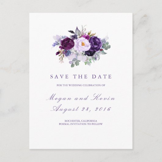 Purple Flowers Romantische Save the Date Ankündigungspostkarte (Vorderseite)