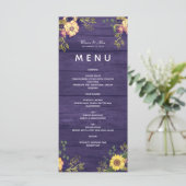Purple Flowers Rustic Wedding Menu Menükarte (Stehend Vorderseite)