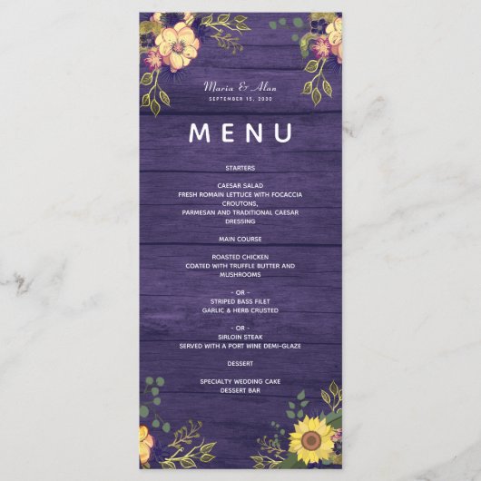 Purple Flowers Rustic Wedding Menu Menükarte (Vorderseite)