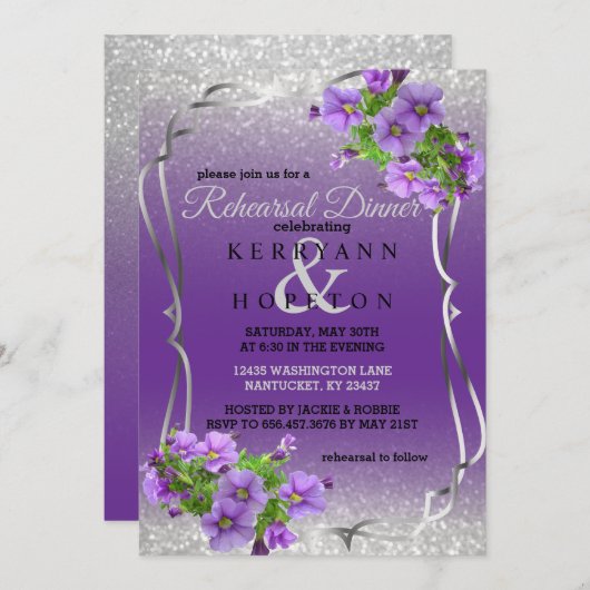 Purple Flowers & Silver Glitzer - Probe Dinner Einladung (Vorne/Hinten)