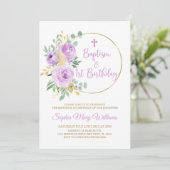 Purple Flowers Taufe & Erster Geburtstag Einladung (Stehend Vorderseite)