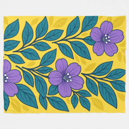 Purple Flowers & Teal Leaves on Yellow Background Fleecedecke