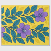 Purple Flowers & Teal Leaves on Yellow Background Geschenkpapier (Flach)