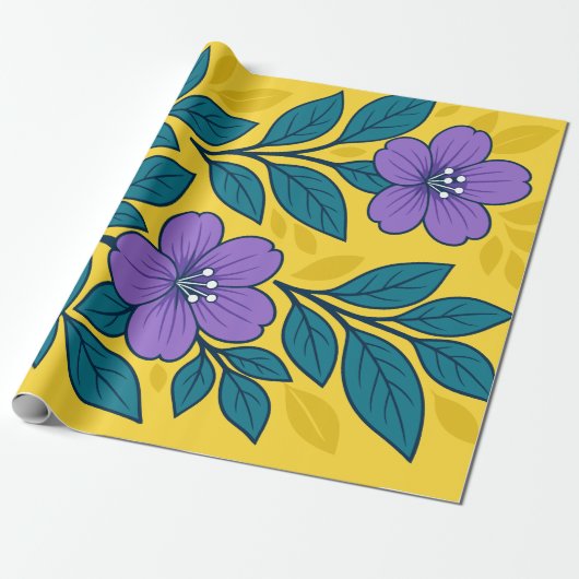 Purple Flowers & Teal Leaves on Yellow Background Geschenkpapier (Ungerollt)